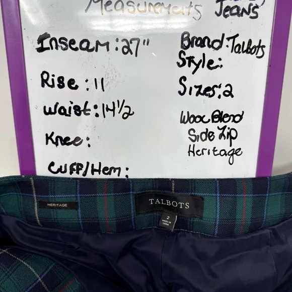 Talbots Wool Blend Blue Green Tartan Plaid Ankle Pants Size 2 Lined Side Zip - Picture 8 of 16